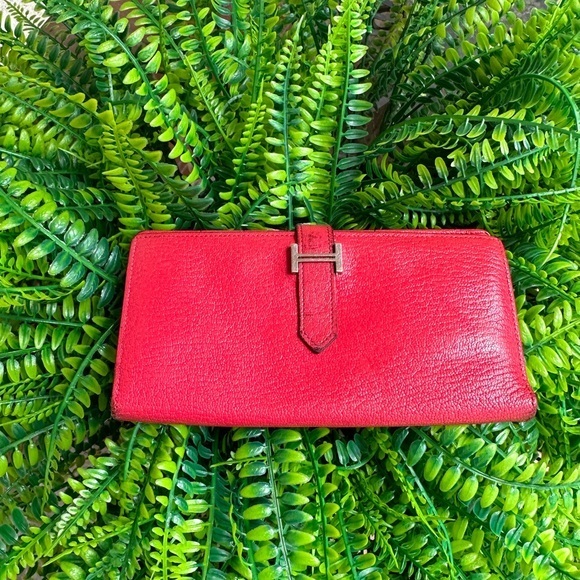 Hermes Bearn wallet in Chèvre mysore leather with box. Vintage. Crossbody chain - Picture 1 of 15